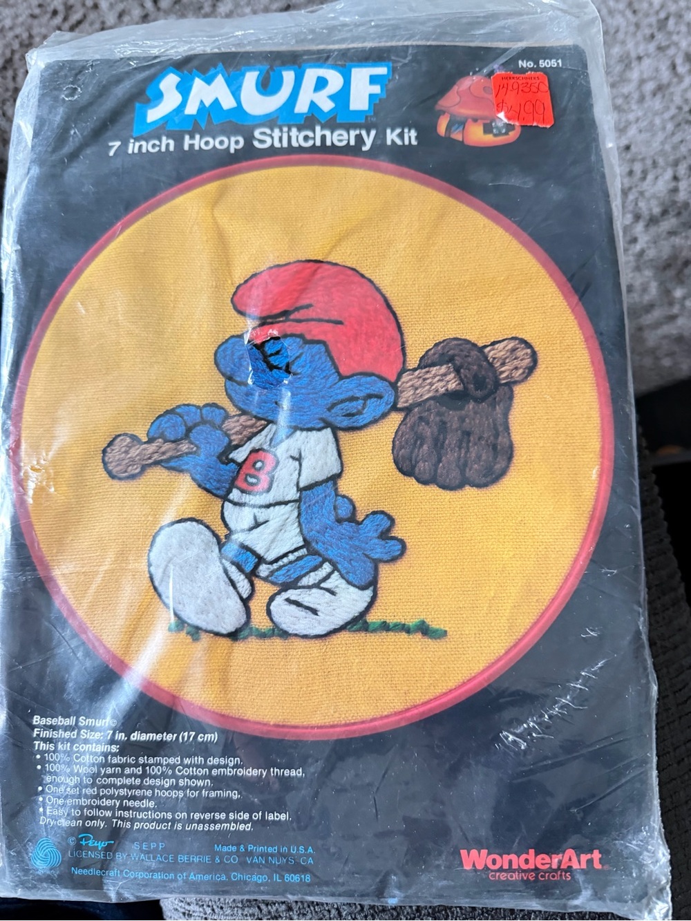 Smurf 7" Hoop Stitchery Kit - Yellow Background with Blue Smurf